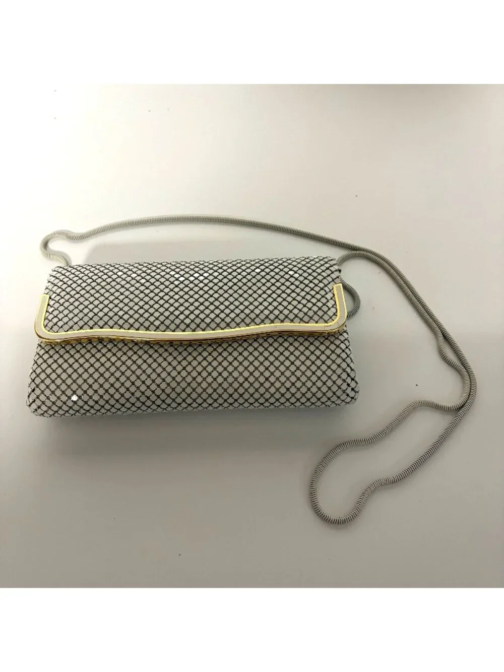 White Mesh Clutch Purse Shoulder Bag Gold Trim 80s Vintage Evening Prom Wedding